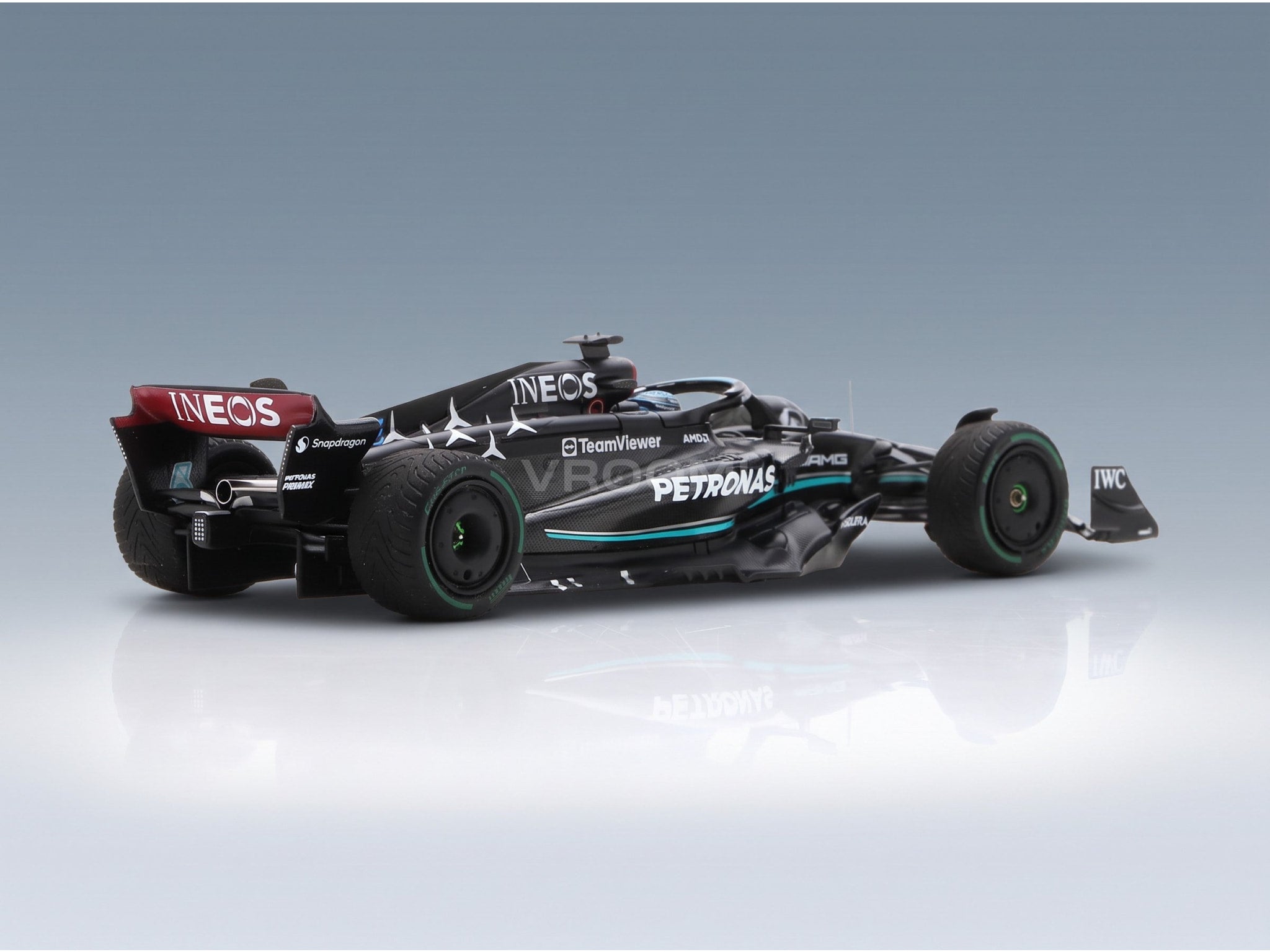 Mercedes F1 W14 Team Mercedes-AMG Petronas Formula One No. 63 5th Monaco GP 2023 George Russell Spark Model 1:43 scale model - rear three-quarter view
