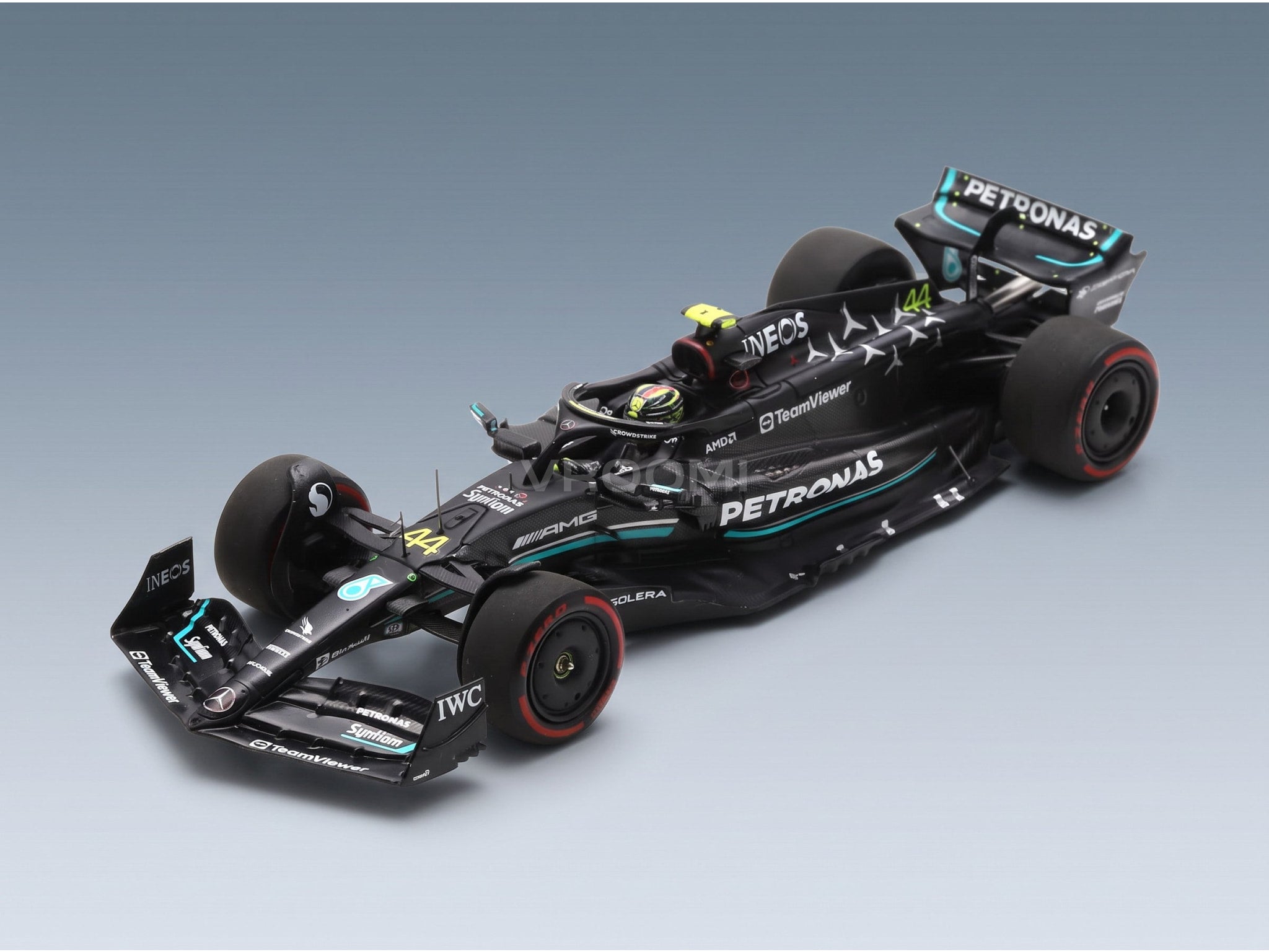 Mercedes F1 W14 Team Mercedes-AMG Petronas Formula One No. 44 2nd Spain GP Lewis Hamilton 2023 Spark Model 1:43 scale model - front three-quarter view