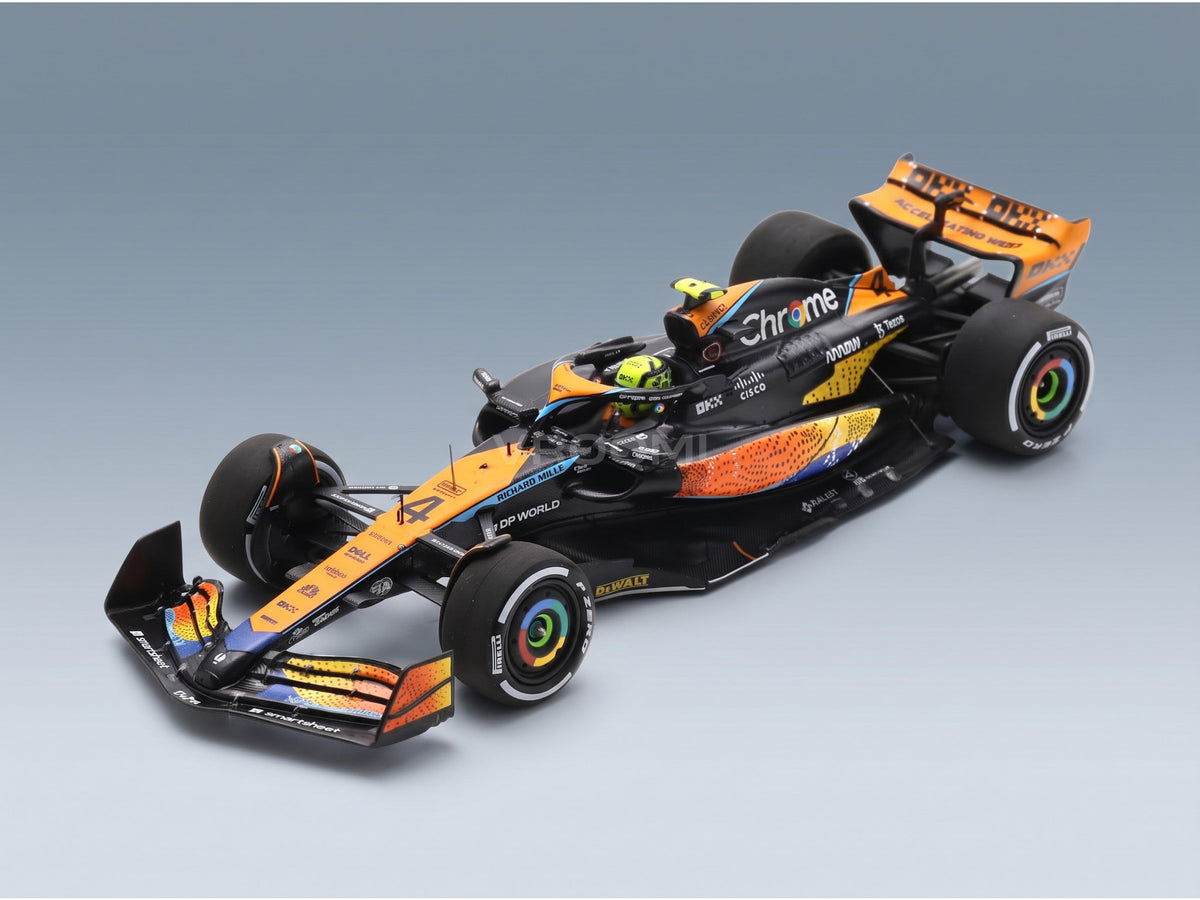 McLaren F1 MCL60 Team McLaren No. 4 5th Abu Dhabi GP 2023 Lando Norris Spark Model 1:43 scale model - front three-quarter view