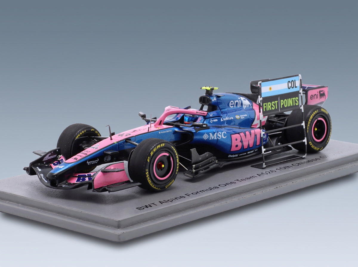 Alpine A526 BWT Alpine F1 Team No. 43 Franco Colapinto Chinese GP with Pit Board 2026 Spark 1:43 scale model - front three-quarter view on display base