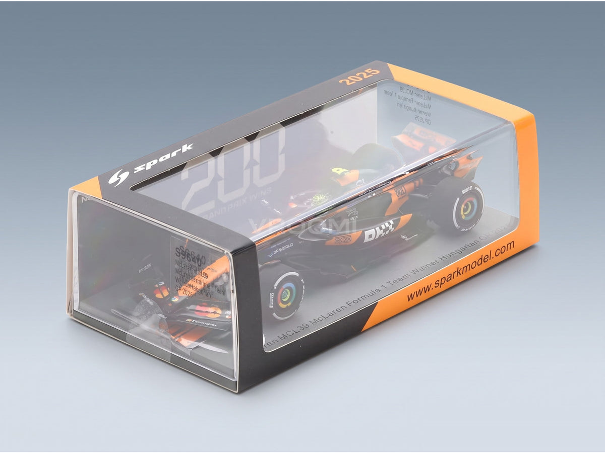 McLaren F1 MCL39 Team McLaren No. 4 Lando Norris Winner Hungarian GP World Champion with Pit Board 200 McLaren F1 GP Wins 2025 Spark Model 1:43 scale model - original packaging