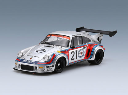 PORSCHE - 911 930 CARRERA RSR TURBO 2.1L TEAM MARTINI RACING N 21 24h LE MANS 1974 HELMUT KOINIGG - MANFRED SCHURTI - SILVER RED BLUE scale model - front three-quarter view