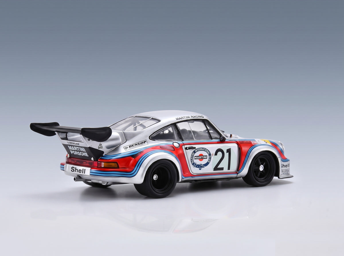 PORSCHE - 911 930 CARRERA RSR TURBO 2.1L TEAM MARTINI RACING N 21 24h LE MANS 1974 HELMUT KOINIGG - MANFRED SCHURTI - SILVER RED BLUE scale model - rear three-quarter view