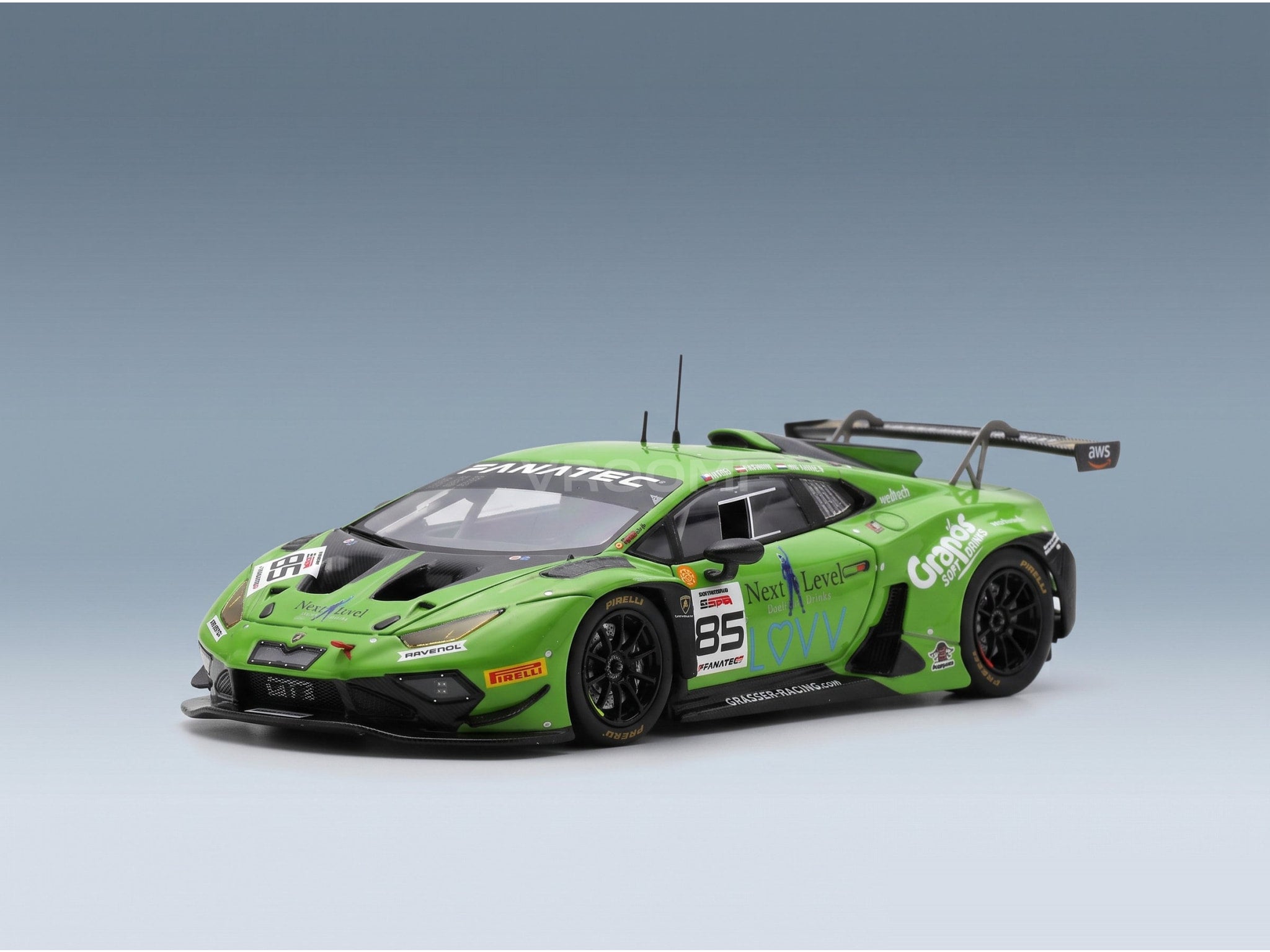 Lamborghini Huracán GT3 EVO 2 GRT Grasser No. 85 Schmid Hites Van Berlo Winner Silver Cup 24h Spa 2023 Spark Model 1:43 scale model - front three-quarter view