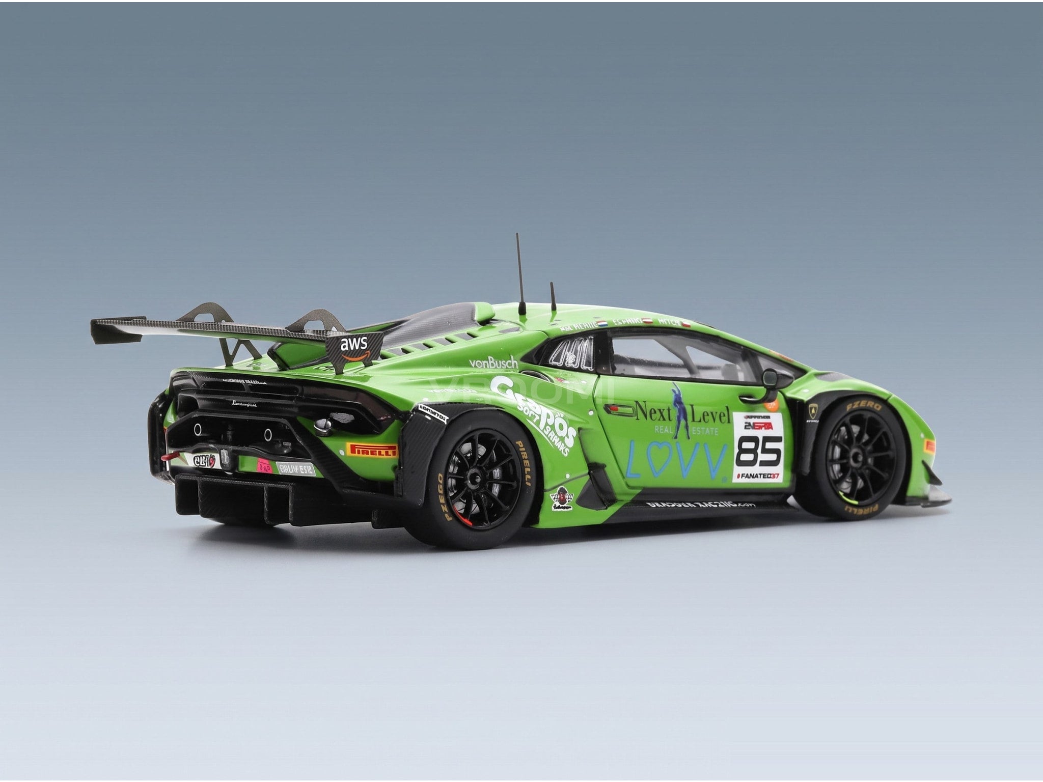 Lamborghini Huracán GT3 EVO 2 GRT Grasser No. 85 Schmid Hites Van Berlo Winner Silver Cup 24h Spa 2023 Spark Model 1:43 scale model - rear three-quarter view