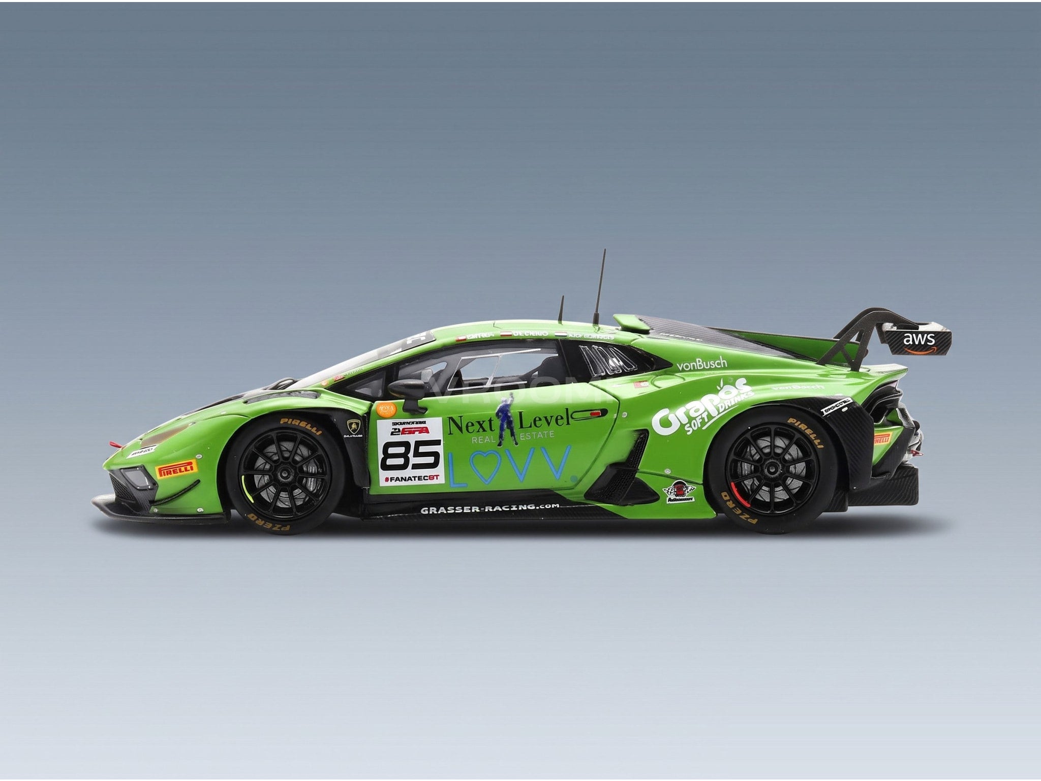 Lamborghini Huracán GT3 EVO 2 GRT Grasser No. 85 Schmid Hites Van Berlo Winner Silver Cup 24h Spa 2023 Spark Model 1:43 scale model - side view