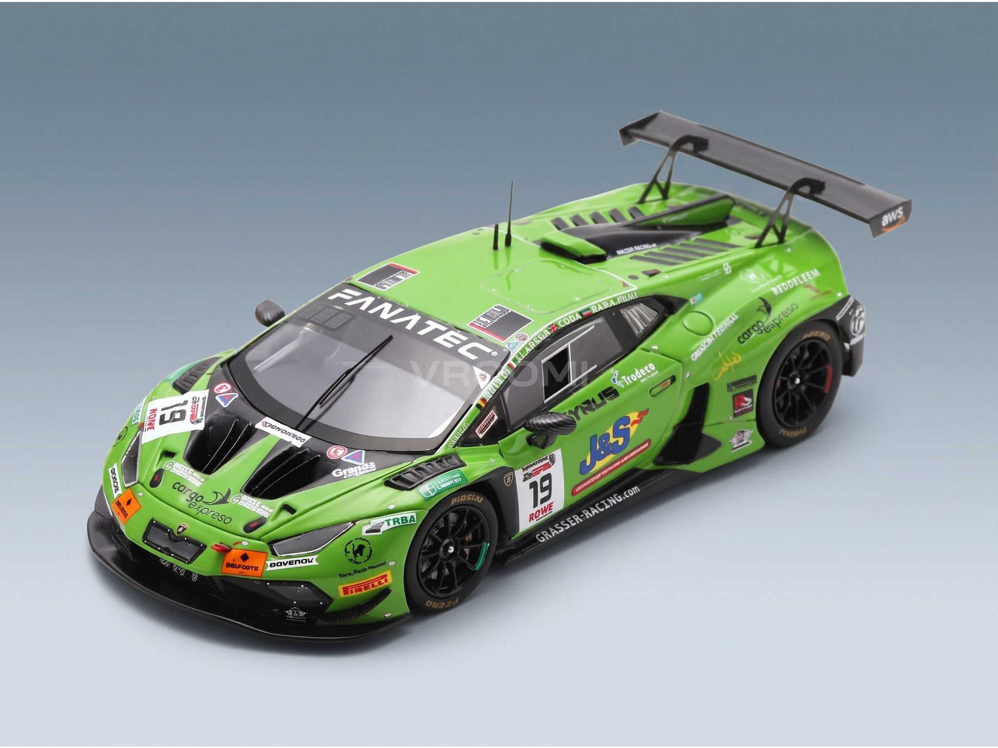 Lamborghini Huracán GT3 EVO2 Team GRT Grasser Racing No. 19 Llarena Cook Moulin Qarajouli 24h Spa 2024 Spark Model 1:43 scale model - front three-quarter view