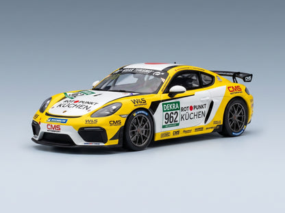 Porsche 718 Cayman GT4 CS W&S Motorsport No. 982 Winner Cup 3 AM + No. 962 Winner Cup 3 Pro 24h Nürburgring 2026 IXO Models 1:43 scale model - front three-quarter view, top down