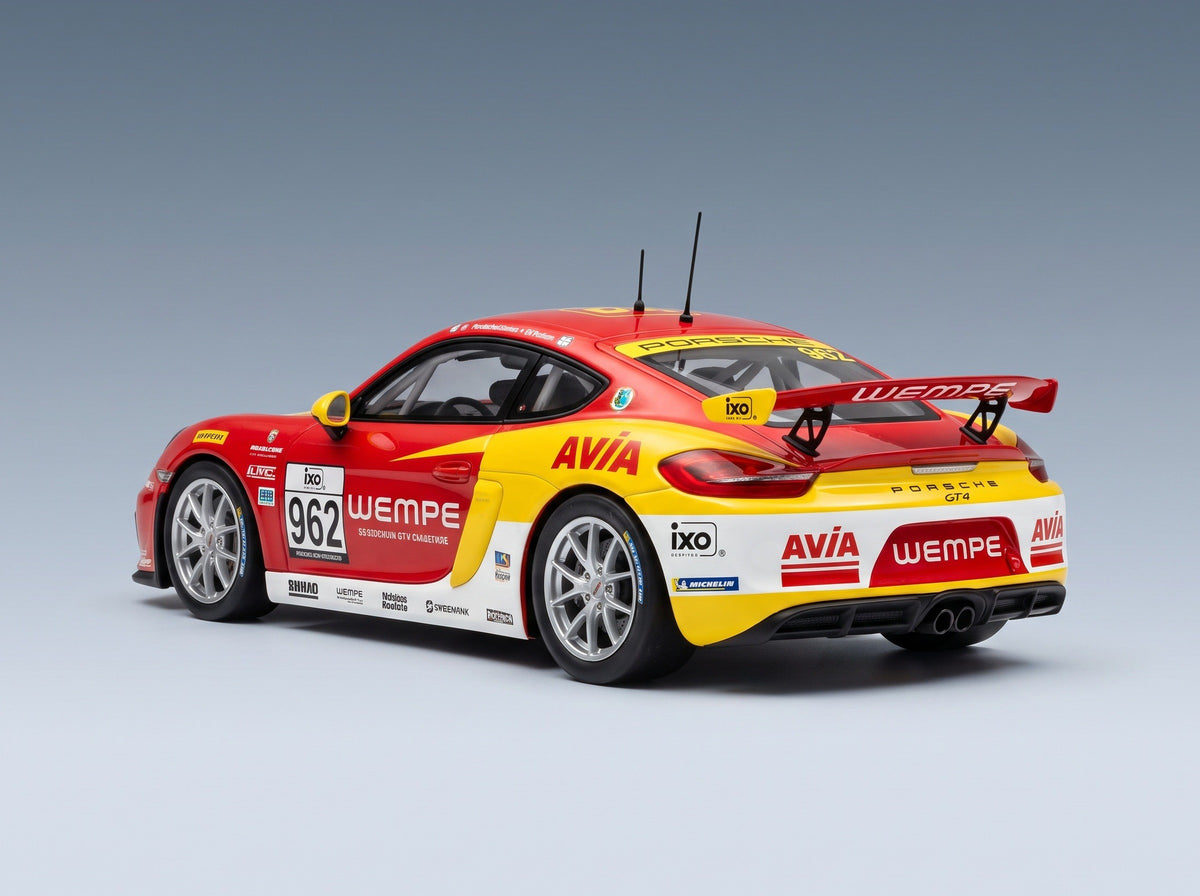 Porsche 718 Cayman GT4 CS W&S Motorsport No. 982 Winner Cup 3 AM + No. 962 Winner Cup 3 Pro 24h Nürburgring 2026 IXO Models 1:43 scale model - rear three-quarter view