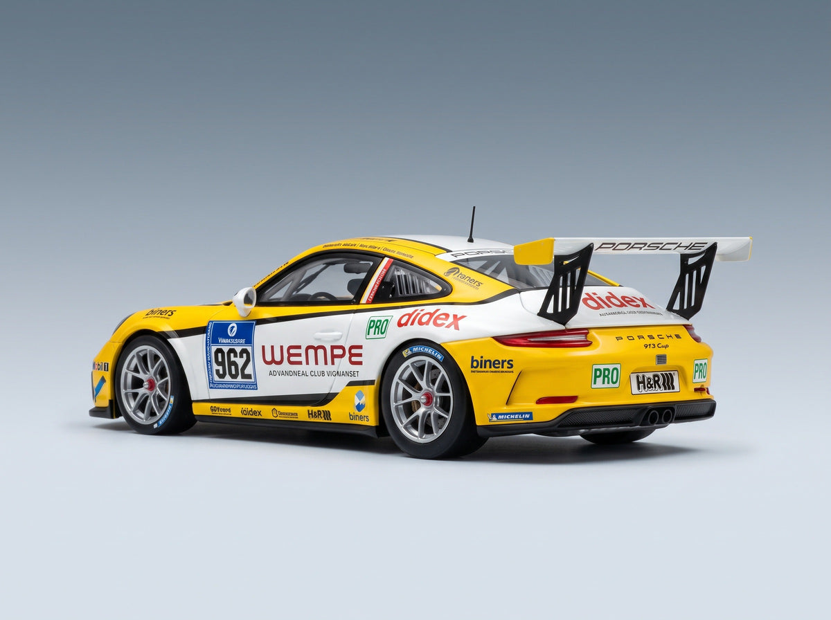 Porsche 718 Cayman GT4 CS W&S Motorsport No. 982 Winner Cup 3 AM + No. 962 Winner Cup 3 Pro 24h Nürburgring 2026 IXO Models 1:43 scale model - rear three-quarter view, top down
