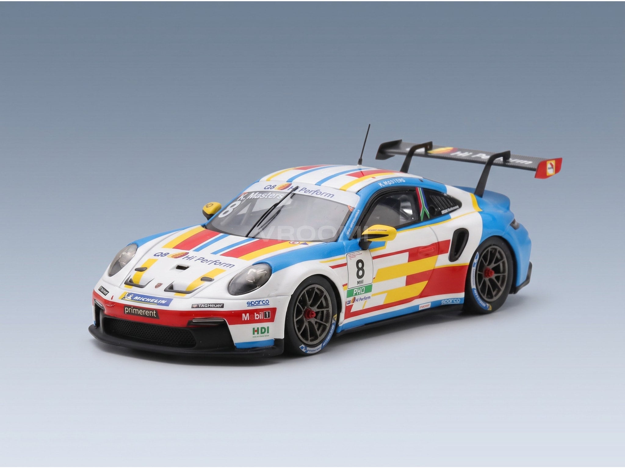 Porsche 911 992 GT3 Porsche Carrera Cup Italy No. 8 Kaegan Masters Champion 2025 Spark Model 1:43 scale model - front three-quarter view