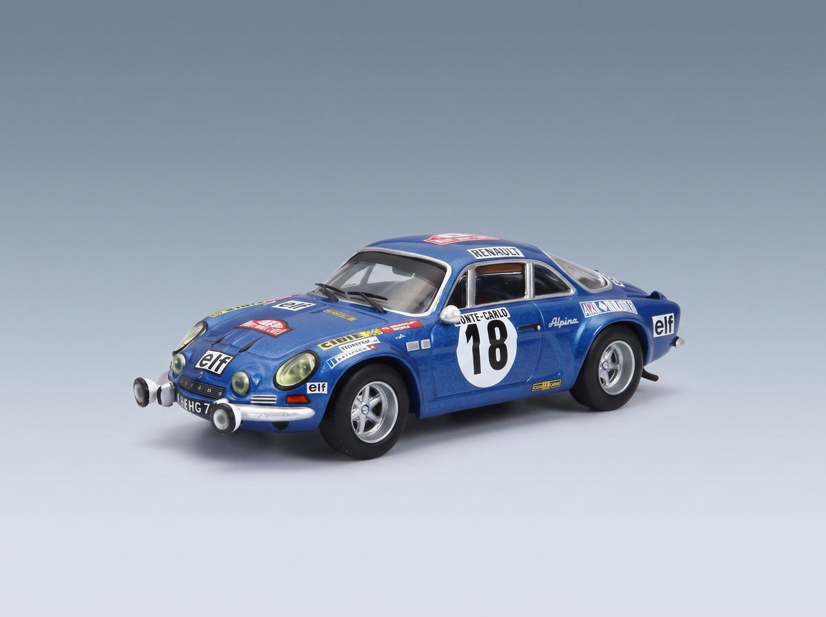 Alpine A110 1800S No. 18 Winner Rally Monte Carlo 1973 J.C. Andruet M. Petit with Driver IXO Models 1:43 scale model - front three-quarter view