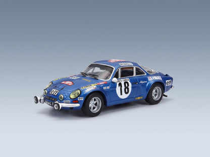 Alpine A110 1800S No. 18 Winner Rally Monte Carlo 1973 J.C. Andruet M. Petit with Driver IXO Models 1:43 scale model - front three-quarter view