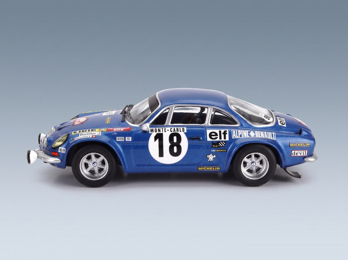Alpine A110 1800S No. 18 Winner Rally Monte Carlo 1973 J.C. Andruet M. Petit with Driver IXO Models 1:43 scale model - front three-quarter view, top down
