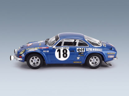 Alpine A110 1800S No. 18 Winner Rally Monte Carlo 1973 J.C. Andruet M. Petit with Driver IXO Models 1:43 scale model - front three-quarter view, top down