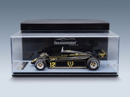 Lotus F1 91 No. 12 Nigel Mansell British GP 1982 Tecnomodel 1:18 scale model - side view in display case
