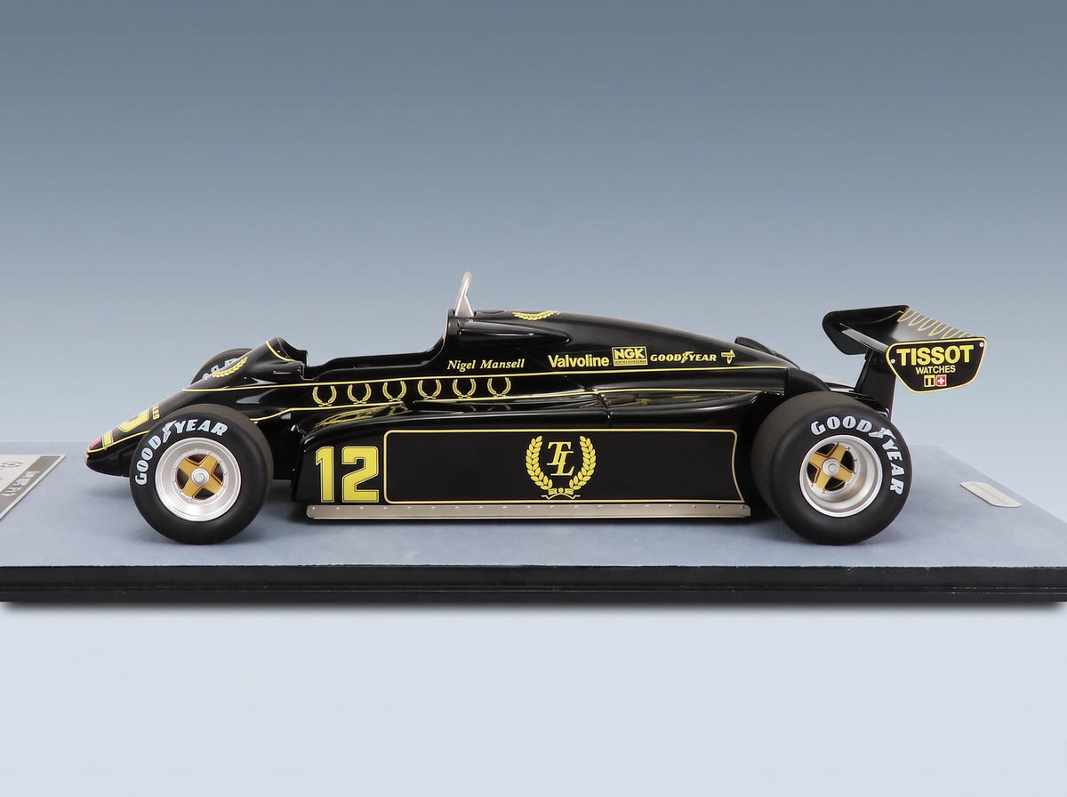 Lotus F1 91 No. 12 Nigel Mansell British GP 1982 Tecnomodel 1:18 scale model - side view on display base
