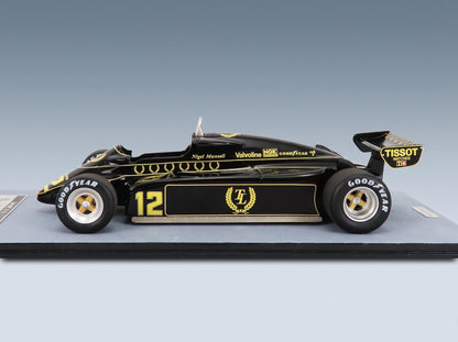 Lotus F1 91 No. 12 Nigel Mansell British GP 1982 Tecnomodel 1:18 scale model - side view on display base