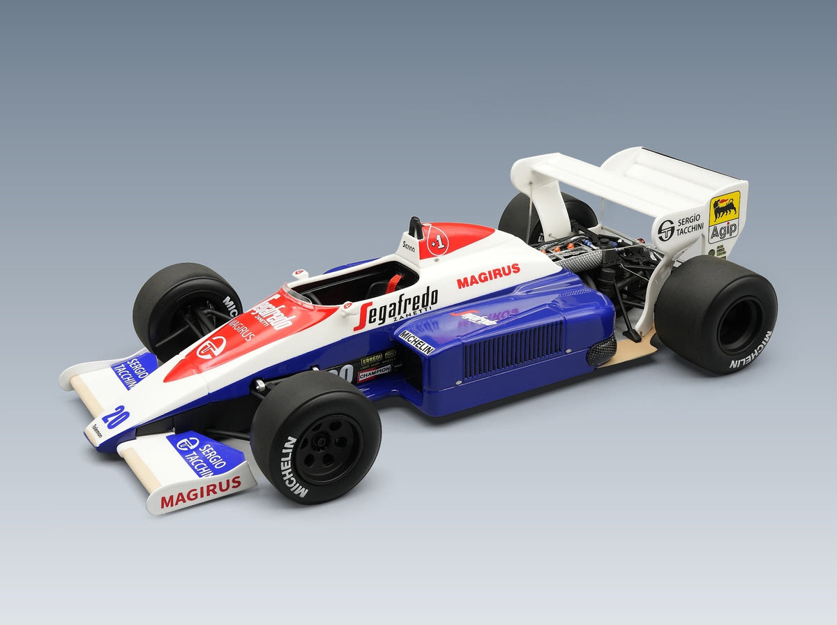 Toleman TG184 Hart Turbo Toleman Group Motorsport No. 20 Johnny Cecotto USA GP 1984 Tecnomodel 1:18 scale model - front three-quarter view
