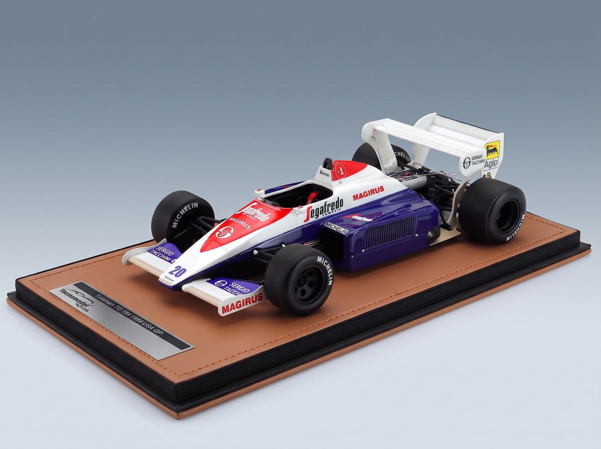 Toleman TG184 Hart Turbo Toleman Group Motorsport No. 20 Johnny Cecotto USA GP 1984 Tecnomodel 1:18 scale model - side view on display base
