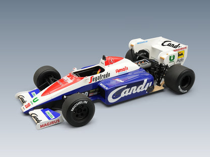 Toleman TG184 Hart Turbo No. 20 Pierluigi Martini Practice Italian GP 1984 with Showcase Tecnomodel 1:18 scale model - front three-quarter view