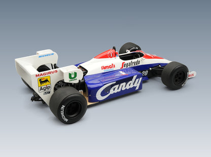 Toleman TG184 Hart Turbo No. 20 Pierluigi Martini Practice Italian GP 1984 with Showcase Tecnomodel 1:18 scale model - rear three-quarter view