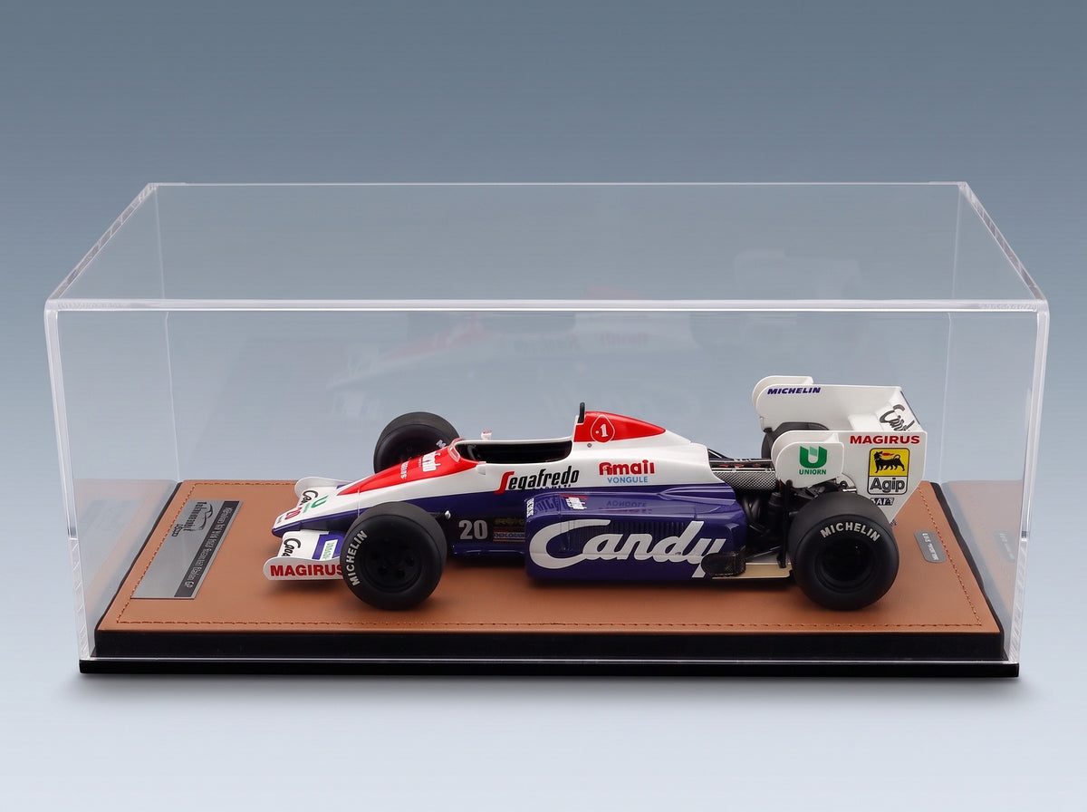 Toleman TG184 Hart Turbo No. 20 Pierluigi Martini Practice Italian GP 1984 with Showcase Tecnomodel 1:18 scale model - side view in display case