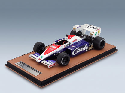Toleman TG184 Hart Turbo No. 20 Pierluigi Martini Practice Italian GP 1984 with Showcase Tecnomodel 1:18 scale model - side view on display base