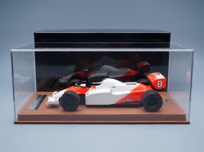 McLaren F1 MP4/1C No. 8 Niki Lauda Monaco GP Rain Tyres 1983 Tecnomodel 1:18 scale model - side view in display case