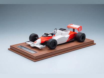 McLaren F1 MP4/1C No. 8 Niki Lauda Monaco GP Rain Tyres 1983 Tecnomodel 1:18 scale model - side view on display base