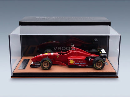 Ferrari F310 No. 2 Eddie Irvine Spanish GP 1996 Rain Tyres Tecnomodel 1:18 scale model - side view in display case