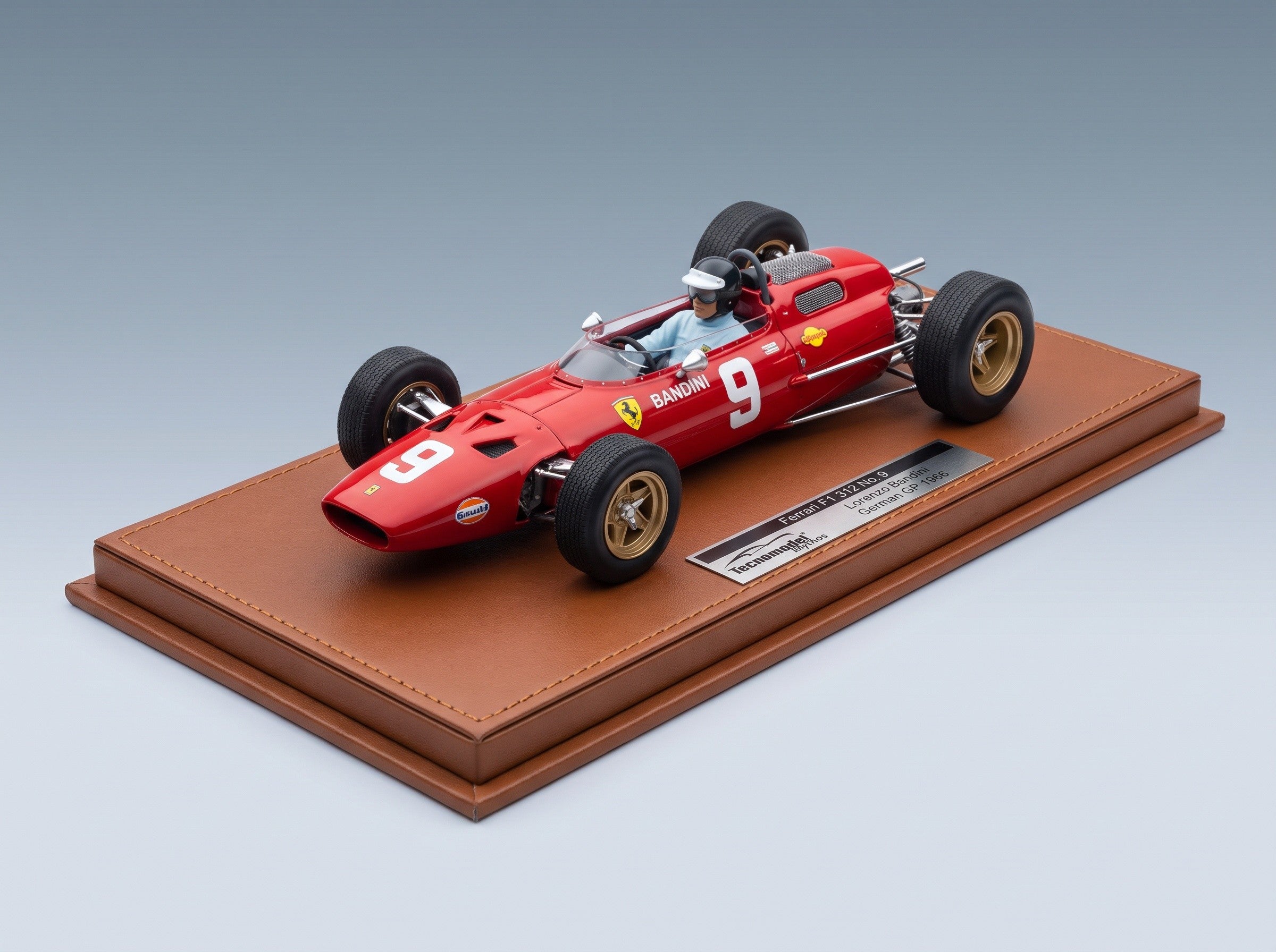 Ferrari F1 312 No. 9 Lorenzo Bandini German GP 1966 with Driver Tecnomodel 1:18 scale model - side view on display base