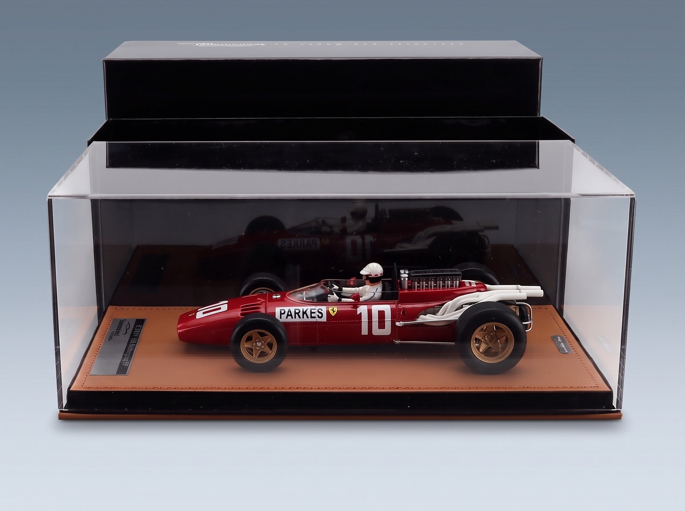 Ferrari 312 F1-66 No. 10 Mike Parkes Nürburgring GP 1966 with Driver Tecnomodel 1:18 scale model - side view in display case