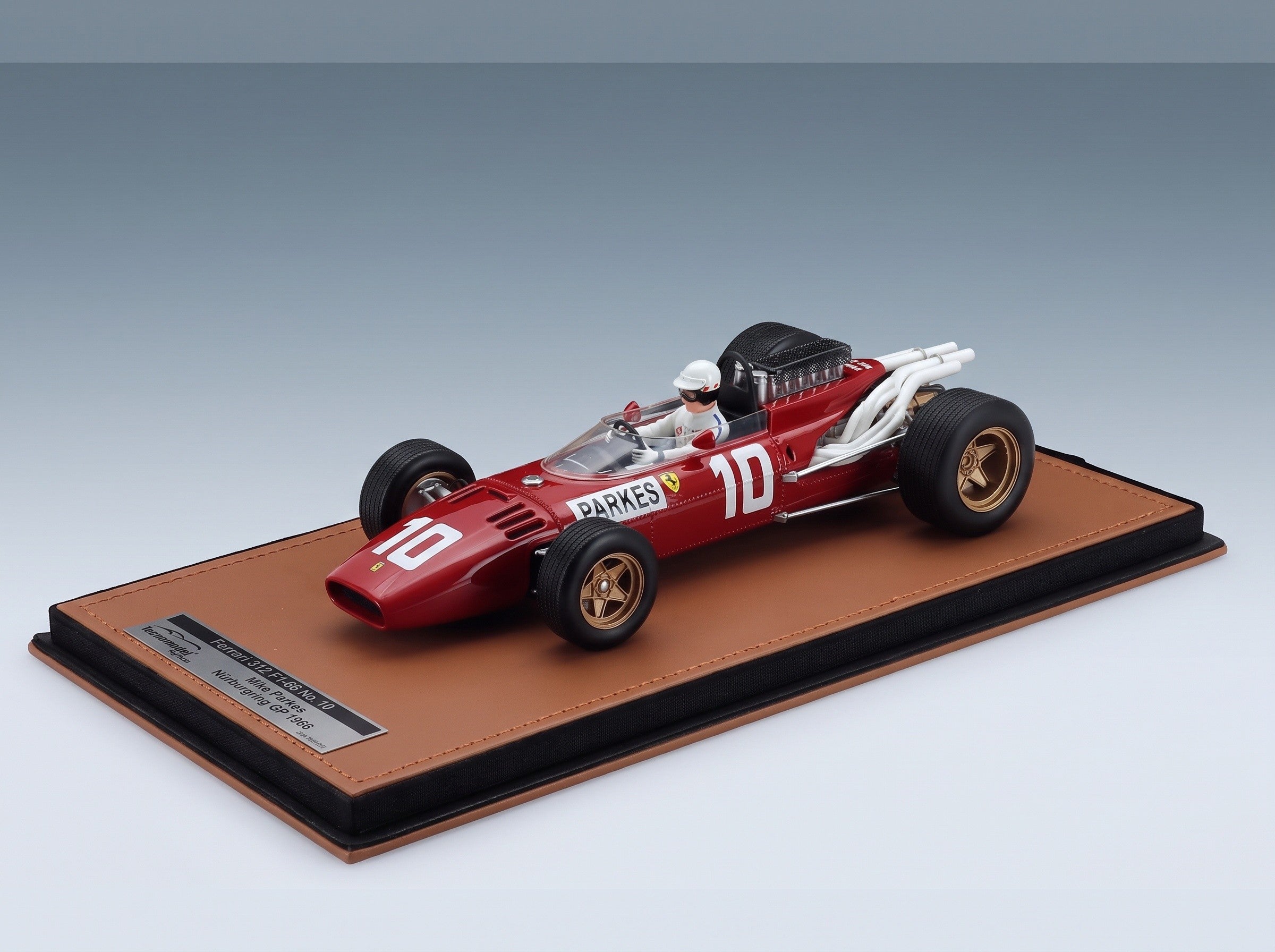 Ferrari 312 F1-66 No. 10 Mike Parkes Nürburgring GP 1966 with Driver Tecnomodel 1:18 scale model - side view on display base