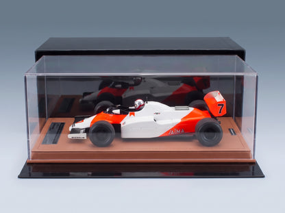 McLaren F1 MP4/1C No. 7 John Watson Winner USA Long Beach GP 1983 with Driver Tecnomodel 1:18 scale model - side view in display case