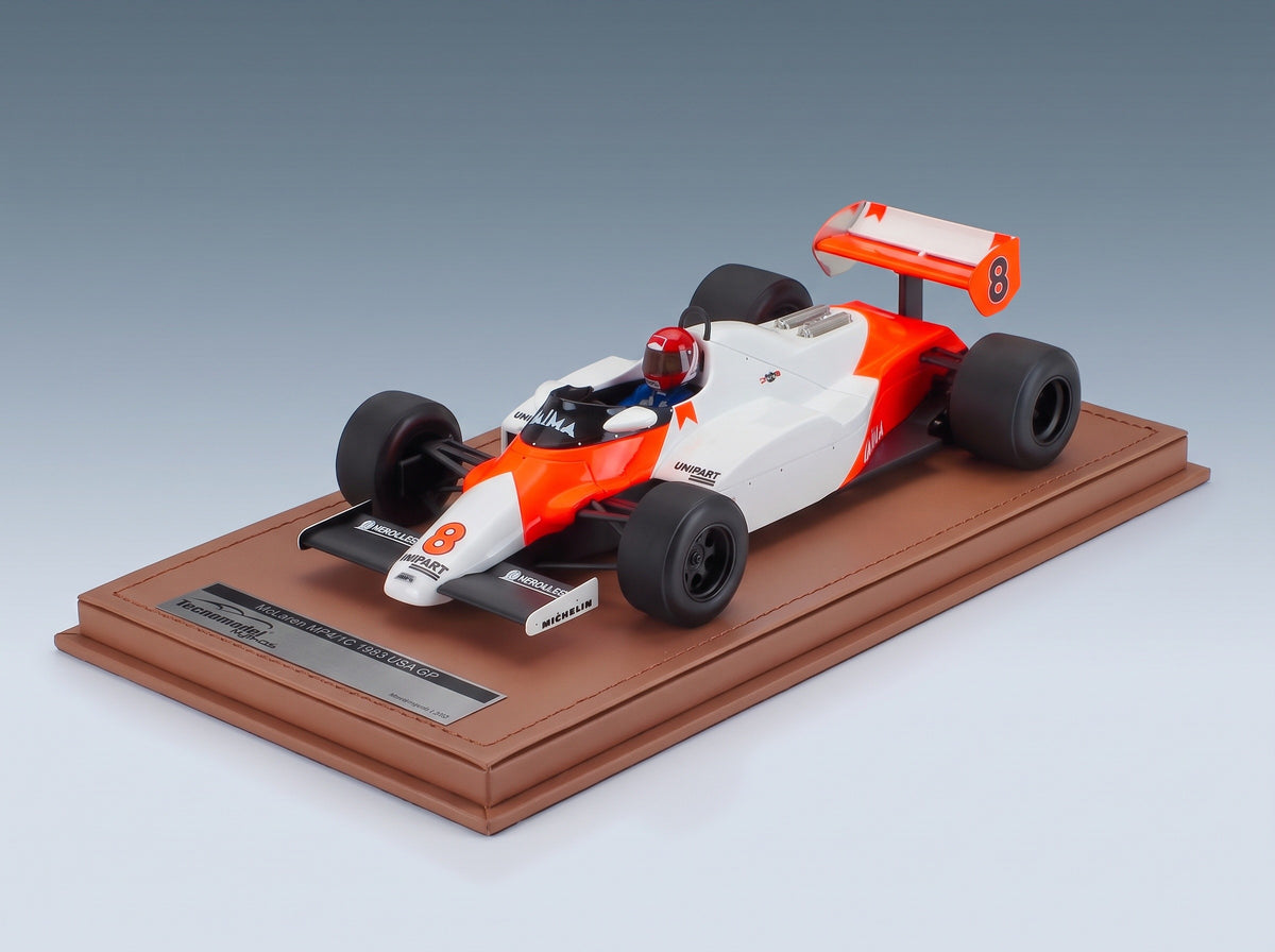 McLaren F1 MP4/1C No. 8 Niki Lauda USA Long Beach GP 1983 with Driver Tecnomodel 1:18 scale model - side view on display base