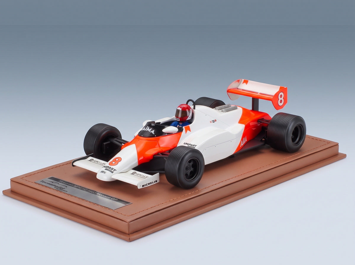 McLaren F1 MP4/1C No. 8 Niki Lauda Monaco GP 1983 with Rain Tyres with Driver Tecnomodel 1:18 scale model - side view on display base
