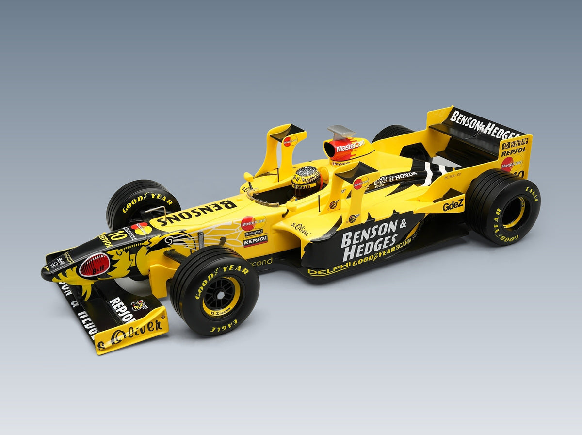 Jordan F1 198 Honda MF-301 HC No. 10 Ralph Schumacher Imola GP 1998 with Tower Wings with Driver Tecnomodel 1:18 scale model - front three-quarter view