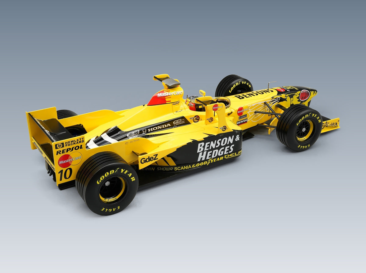 Jordan F1 198 Honda MF-301 HC No. 10 Ralph Schumacher Imola GP 1998 with Tower Wings with Driver Tecnomodel 1:18 scale model - rear three-quarter view