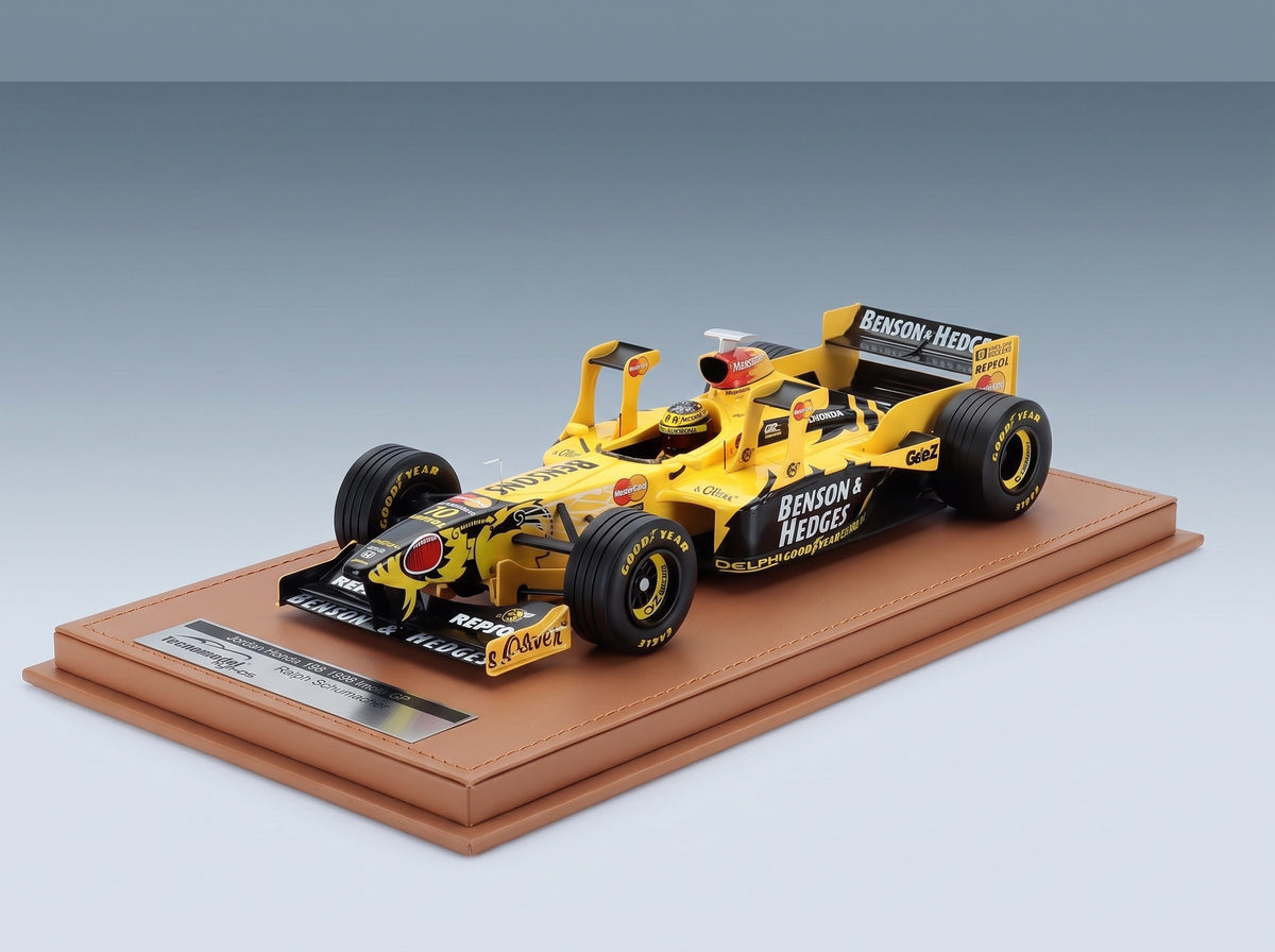 Jordan F1 198 Honda MF-301 HC No. 10 Ralph Schumacher Imola GP 1998 with Tower Wings with Driver Tecnomodel 1:18 scale model - side view on display base