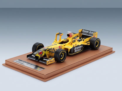 Jordan F1 198 Honda MF-301 HC No. 10 Ralph Schumacher Imola GP 1998 with Tower Wings with Driver Tecnomodel 1:18 scale model - side view on display base