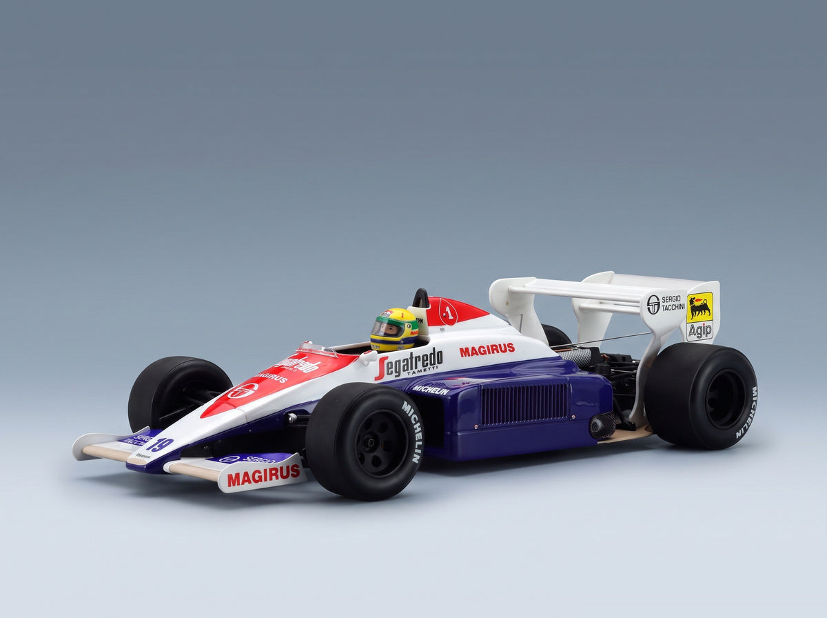 Toleman TG184 Hart No. 19 Ayrton Senna British GP 3rd 1984 with Driver Tecnomodel 1:18 scale model - front three-quarter view