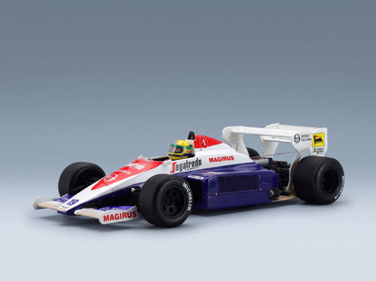 Toleman TG184 Hart No. 19 Ayrton Senna British GP 3rd 1984 with Driver Tecnomodel 1:18 scale model - front three-quarter view