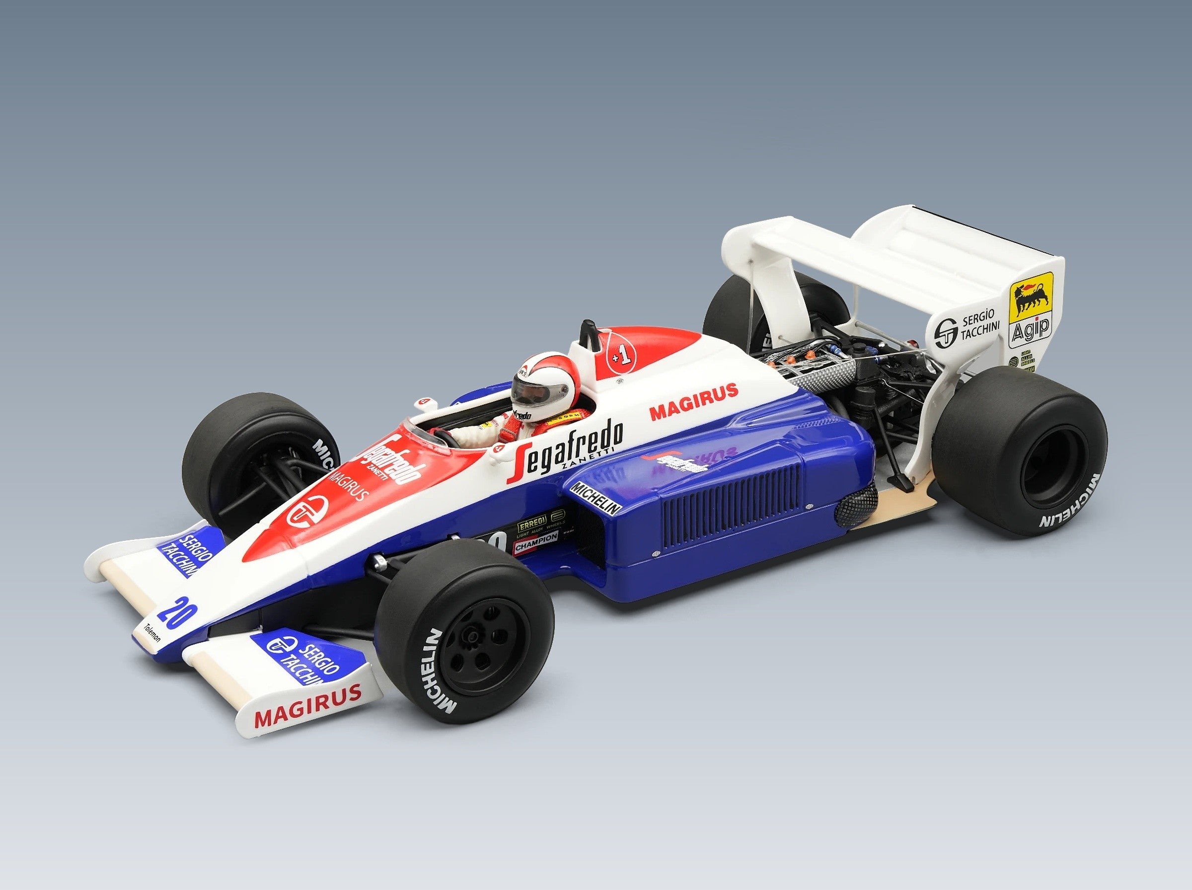 Toleman TG184 Hart Turbo Toleman Group Motorsport No. 20 Johnny Cecotto Dallas GP 1984 with Driver Tecnomodel 1:18 scale model - front three-quarter view