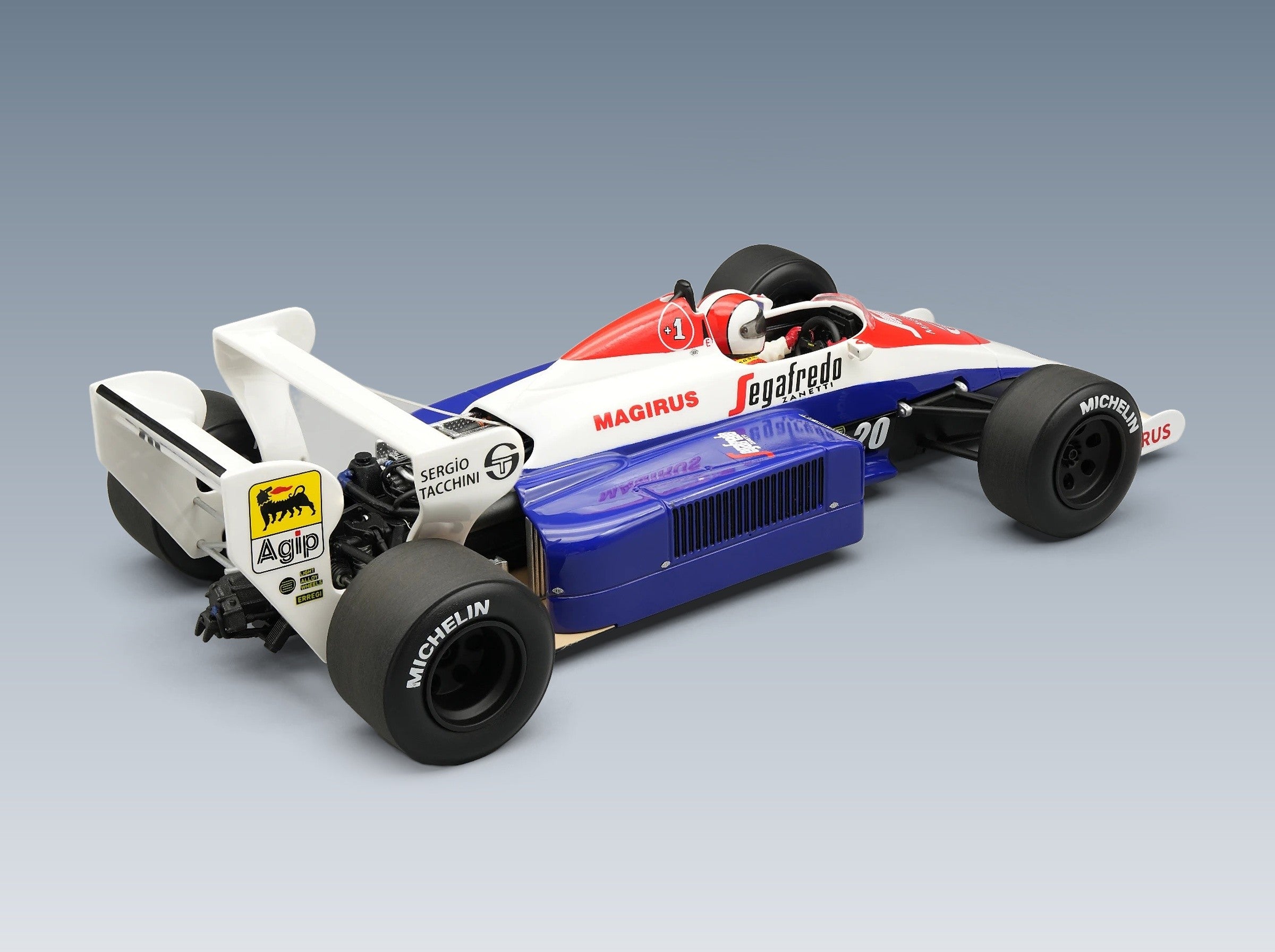 Toleman TG184 Hart Turbo Toleman Group Motorsport No. 20 Johnny Cecotto Dallas GP 1984 with Driver Tecnomodel 1:18 scale model - rear three-quarter view