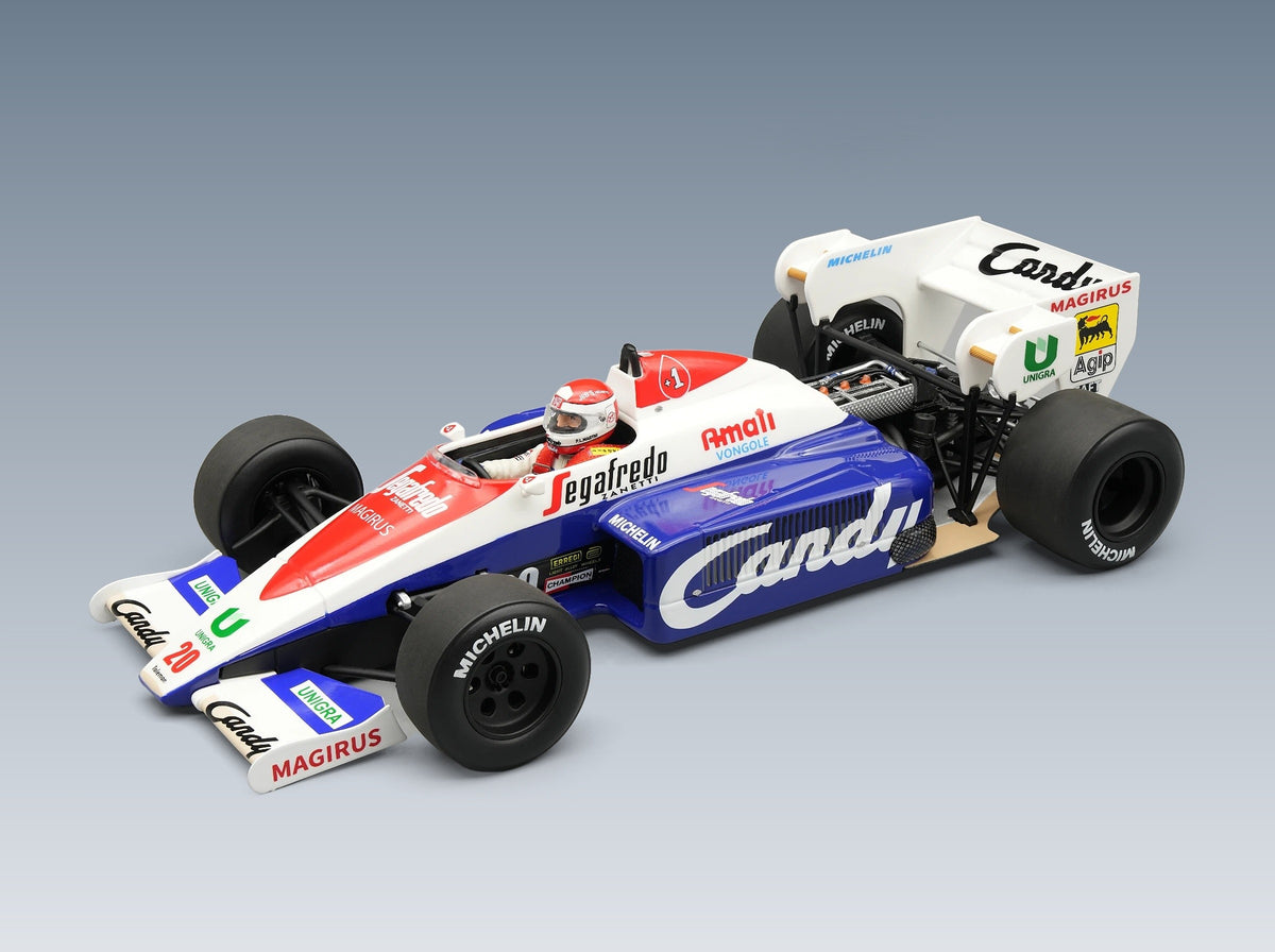 Toleman TG184 Hart No. 20 Pierluigi Martini Practice Italian GP 1984 with Driver Tecnomodel 1:18 scale model - front three-quarter view