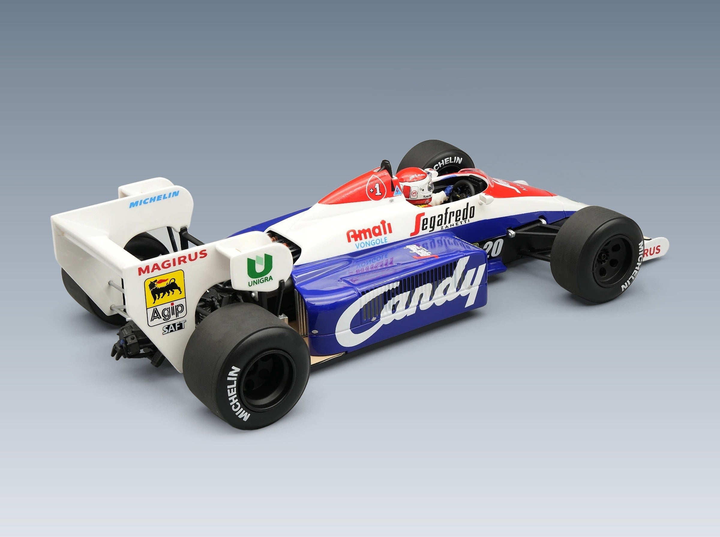 Toleman TG184 Hart No. 20 Pierluigi Martini Practice Italian GP 1984 with Driver Tecnomodel 1:18 scale model - rear three-quarter view