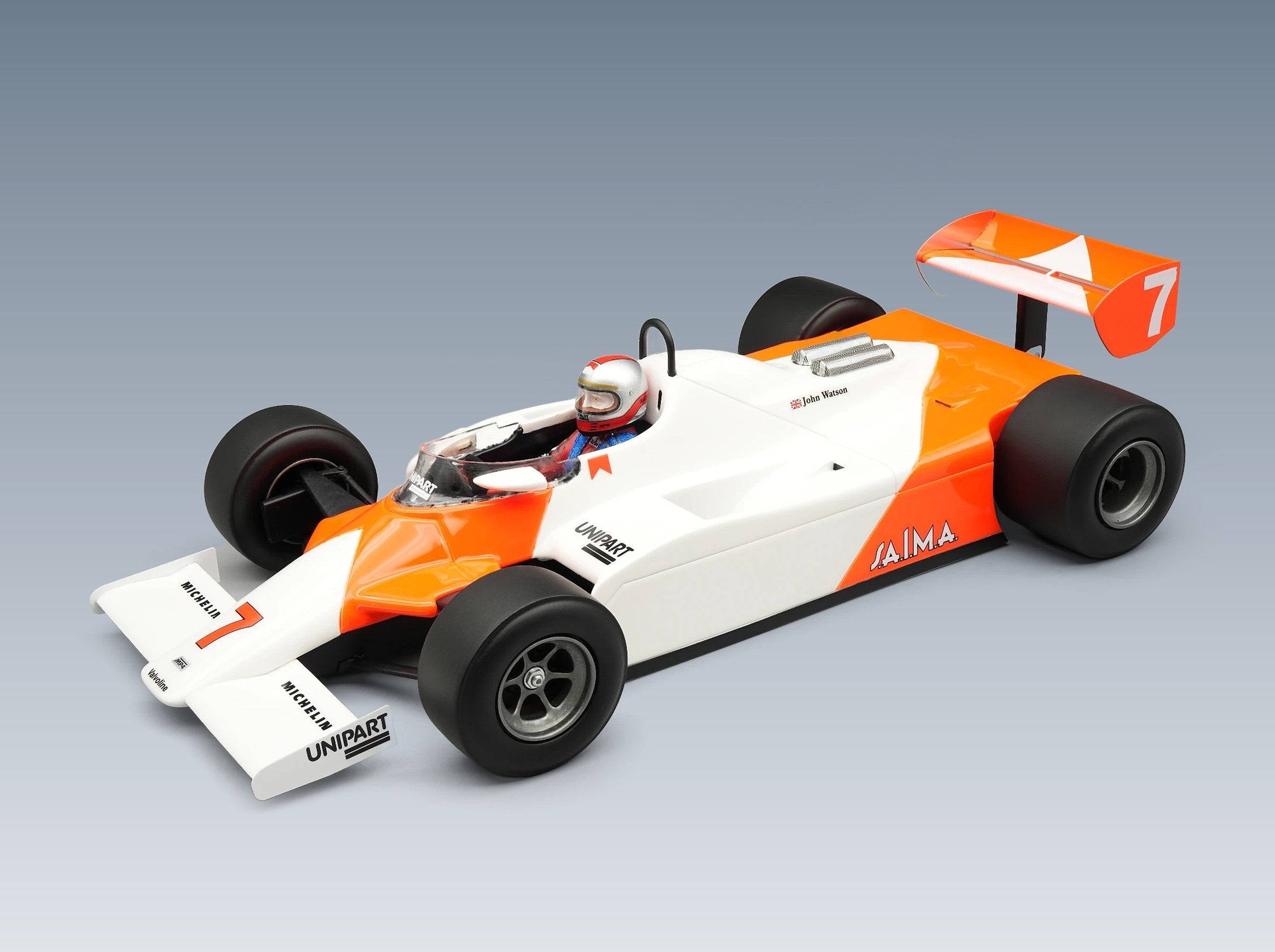 McLaren F1 MP4/1B Ford Cosworth No. 7 John Watson Monaco GP 1982 with Driver Tecnomodel 1:18 scale model - front three-quarter view