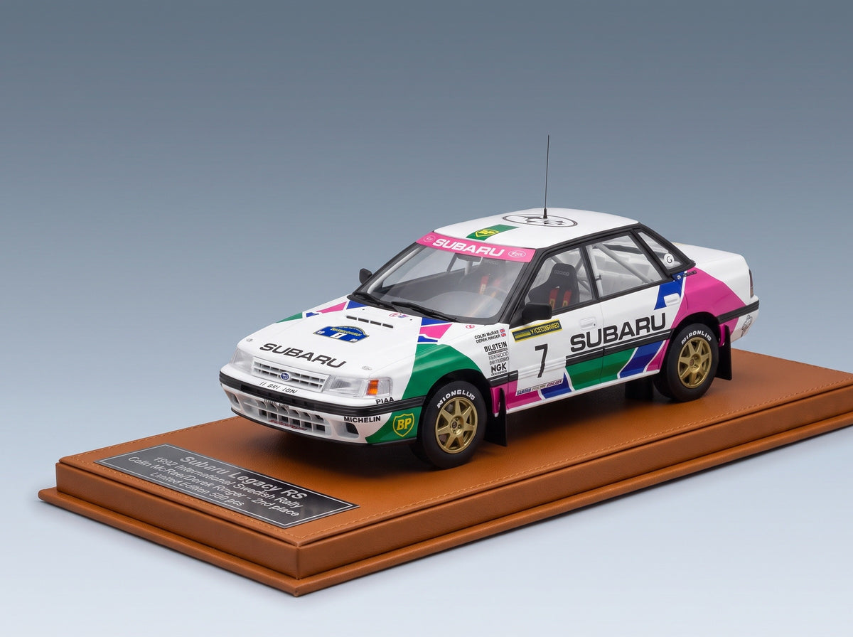Subaru Legacy RS No. 7 2nd Swedish Rally 1992 Colin McRae Derek Ringer with Showcase Top Marques 1:18 scale model - base34