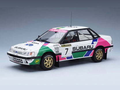 Subaru Legacy RS No. 7 2nd Swedish Rally 1992 Colin McRae Derek Ringer with Showcase Top Marques 1:18 scale model - front three-quarter view